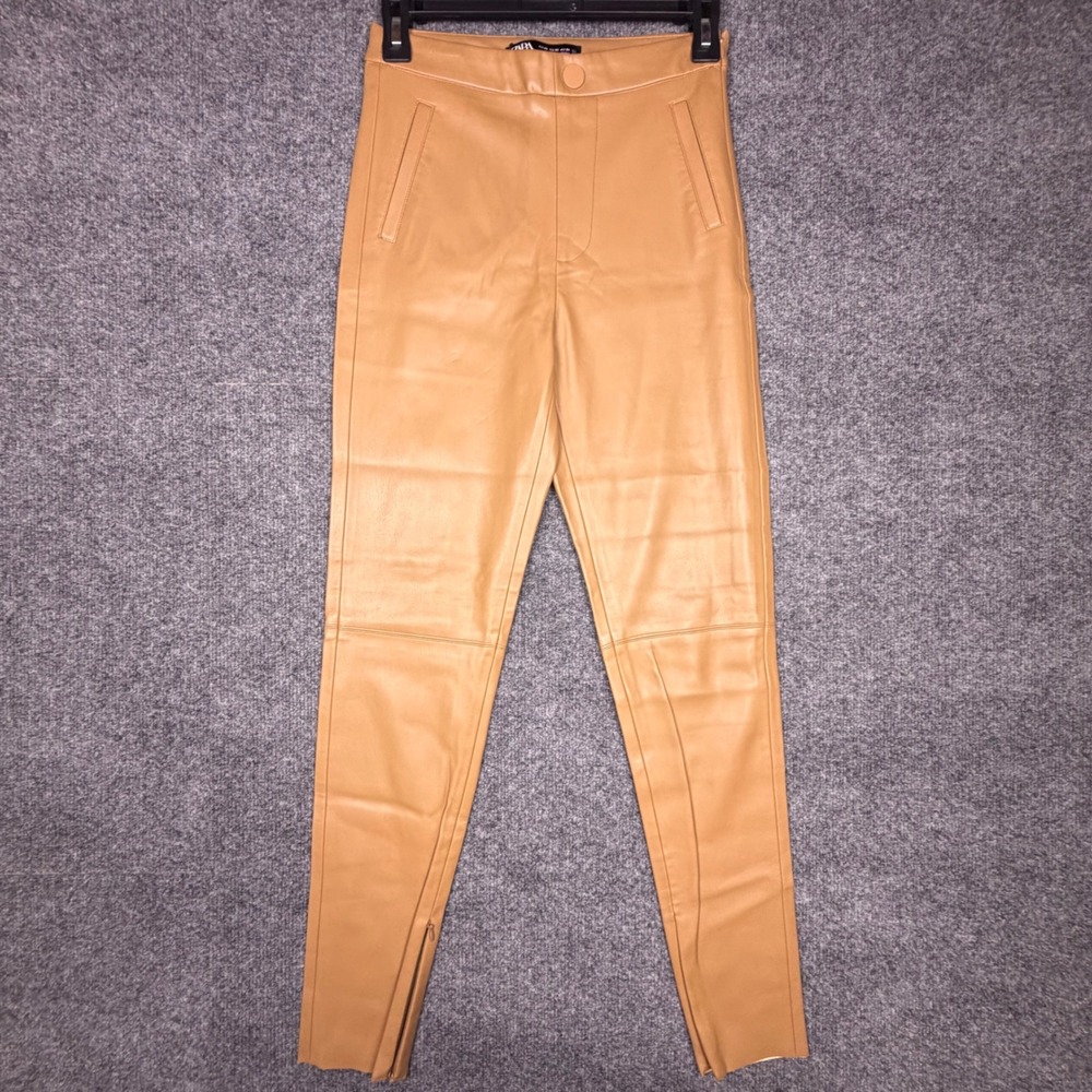Zara Women Camel Faux Leather High Waisted Skinny Pants Ankle Zip Tan XS 24